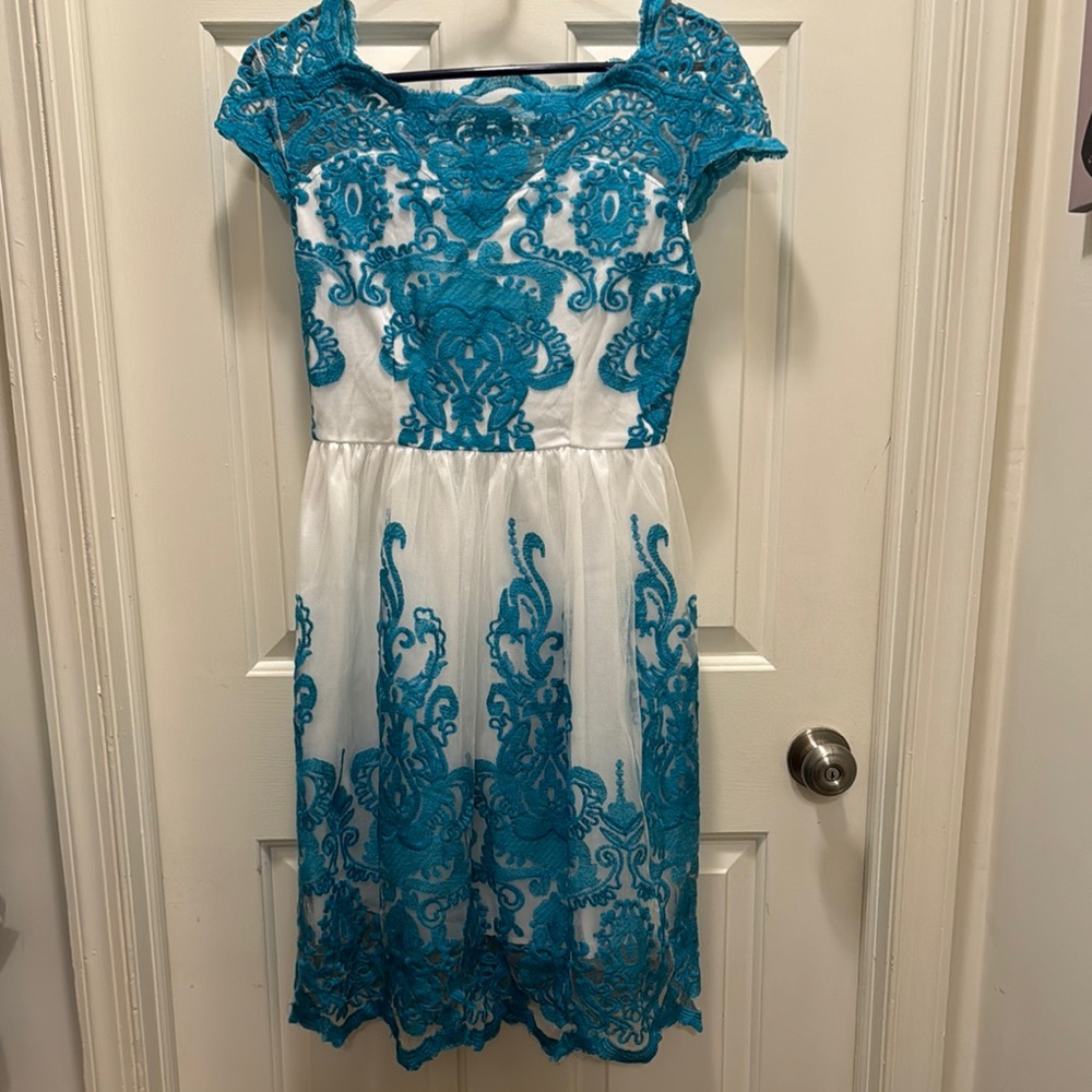 Elegant Blue and White Lace Dress